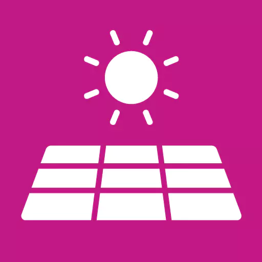 weißes Icon auf magentafarbenen Hintergrund, Sonne scheint auf Solarpanel